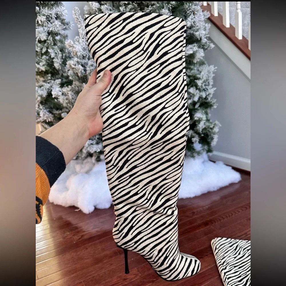 Steve Madden Alluring Zebra Black White Over the Knee Square Toe Heeled Boots